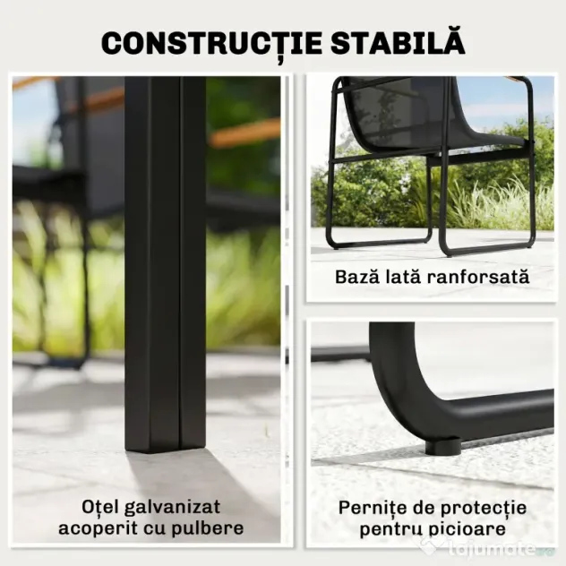 Outsunny Set Masă și Scaune de Grădină 7 Piese, Set Prânz Exterior cu Masă din Sticlă Temperată, 6 Scaune din Texteline Respirabil, Cotiere Decorative, Structură din Oțel pentru Terasă Balcon, Negru | Aosom Romania