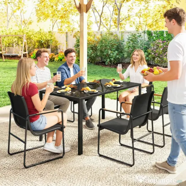 Outsunny Set Masă și Scaune de Grădină 7 Piese, Set Prânz Exterior cu Masă din Sticlă Temperată, 6 Scaune din Texteline Respirabil, Cotiere Decorative, Structură din Oțel pentru Terasă Balcon, Negru | Aosom Romania