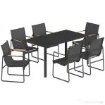 Outsunny Set Masă și Scaune de Grădină 7 Piese, Set Prânz Exterior cu Masă din Sticlă Temperată, 6 Scaune din Texteline Respirabil, Cotiere Decorative, Structură din Oțel pentru Terasă Balcon, Negru