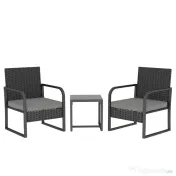 Outsunny Set de Grădină 3 Piese din Rattan PE și Oțel, Set cu 2 Fotolii cu Perne Lavabile și Măsuță de Cafea cu Blat din Sticlă, Set de Mobilier pentru Balcon, Terasă sau Curte, Gri Închis și Negru | Aosom Romania 