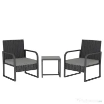 Outsunny Set de Grădină 3 Piese din Rattan PE și Oțel, Set cu 2 Fotolii cu Perne Lavabile și Măsuță de Cafea cu Blat din Sticlă, Set de Mobilier pentru Balcon, Terasă sau Curte, Gri Închis și Negru | Aosom Romania