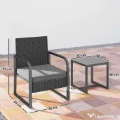 Outsunny Set de Grădină 3 Piese din Rattan PE și Oțel, Set cu 2 Fotolii cu Perne Lavabile și Măsuță de Cafea cu Blat din Sticlă, Set de Mobilier pentru Balcon, Terasă sau Curte, Gri Închis și Negru | Aosom Romania 