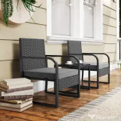 Outsunny Set de Grădină 3 Piese din Rattan PE și Oțel, Set cu 2 Fotolii cu Perne Lavabile și Măsuță de Cafea cu Blat din Sticlă, Set de Mobilier pentru Balcon, Terasă sau Curte, Gri Închis și Negru | Aosom Romania 