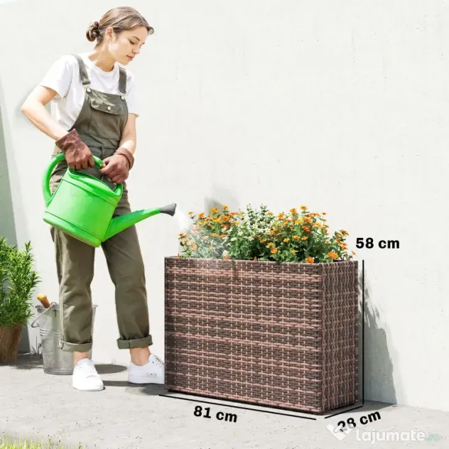 Outsunny Strat Înălțat pentru Grădină 45L din Ratan, cu Orificii de Drenaj și Picioare Reglabile, Maro | Aosom Romania
