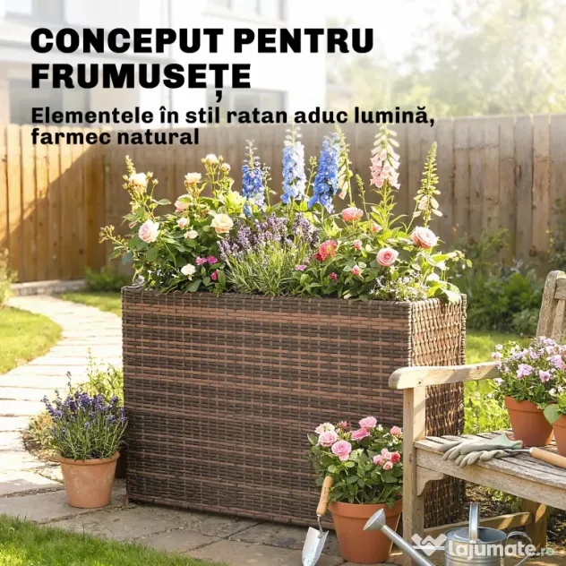 Outsunny Strat Înălțat pentru Grădină 45L din Ratan, cu Orificii de Drenaj și Picioare Reglabile, Maro | Aosom Romania