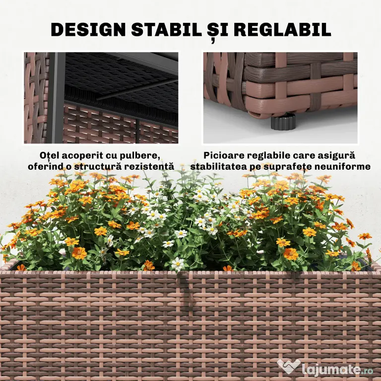 Outsunny Strat Înălțat pentru Grădină 45L din Ratan, cu Orificii de Drenaj și Picioare Reglabile, Maro | Aosom Romania