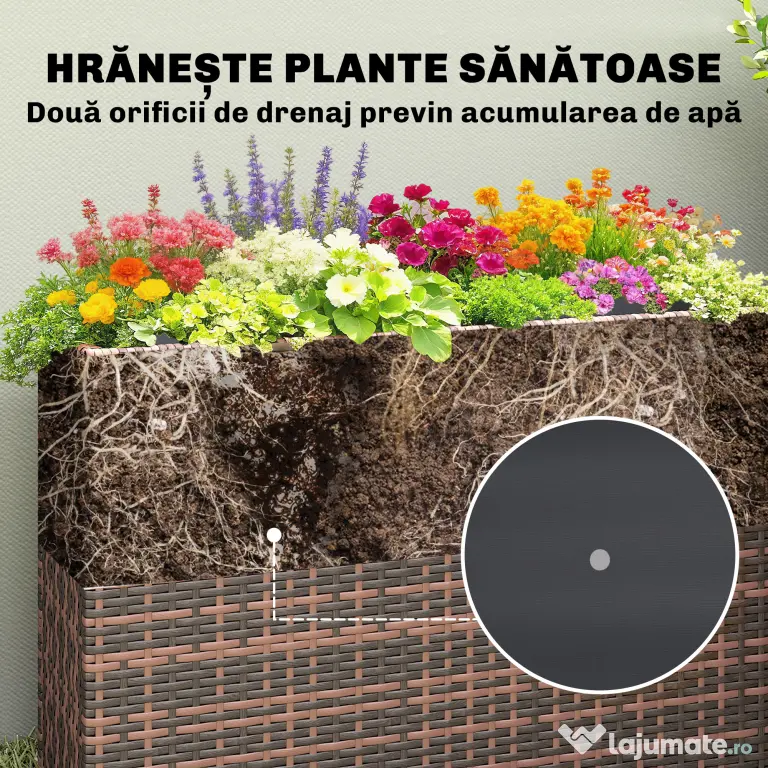 Outsunny Strat Înălțat pentru Grădină 45L din Ratan, cu Orificii de Drenaj și Picioare Reglabile, Maro | Aosom Romania