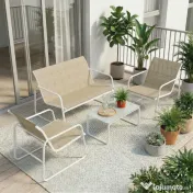 Outsunny Set Mobilier Grădină 4 Piese cu Canapea, Fotolii, Măsuță, Bej și Alb | Aosom Romania