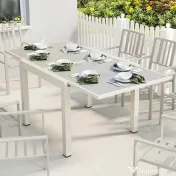 Outsunny Masă Extensibilă din Aluminiu pentru Exterior, Blat din Sticlă Temperată, Crem. | Aosom Romania