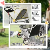 PawHut Cărucior pentru Câini Mici Pliabil, Cărucior pentru Câini cu Roți cu Frâne, Suport pentru Pahare, Coș de Depozitare și Căptușeală Detasabilă și Lavabilă, pentru Animale de până la 10 kg, Gri | Aosom Romania