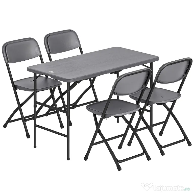 Outsunny Set Masă și Scaune Pliabile de Grădină, 5 Piese, Masă Reglabilă cu Blat HDPE Efect Lemn și 4 Scaune, Set Mobilier Exterior pentru Terasă și Balcon, Gri Închis | Aosom Romania