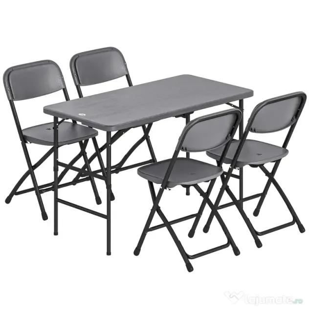 Outsunny Set Masă și Scaune Pliabile de Grădină, 5 Piese, Masă Reglabilă cu Blat HDPE Efect Lemn și 4 Scaune, Set Mobilier Exterior pentru Terasă și Balcon, Gri Închis | Aosom Romania