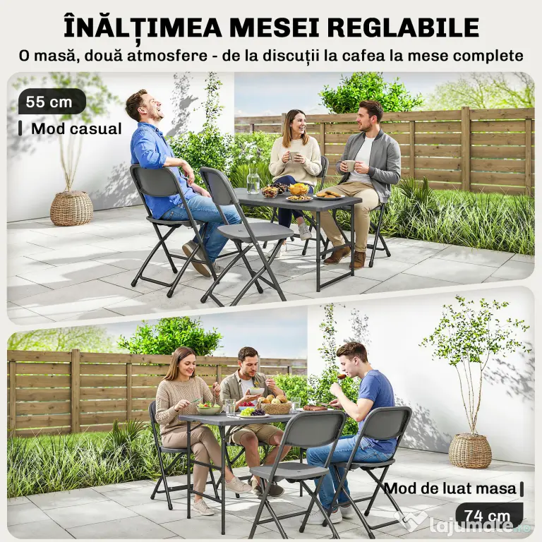 Outsunny Set Masă și Scaune Pliabile de Grădină, 5 Piese, Masă Reglabilă cu Blat HDPE Efect Lemn și 4 Scaune, Set Mobilier Exterior pentru Terasă și Balcon, Gri Închis | Aosom Romania