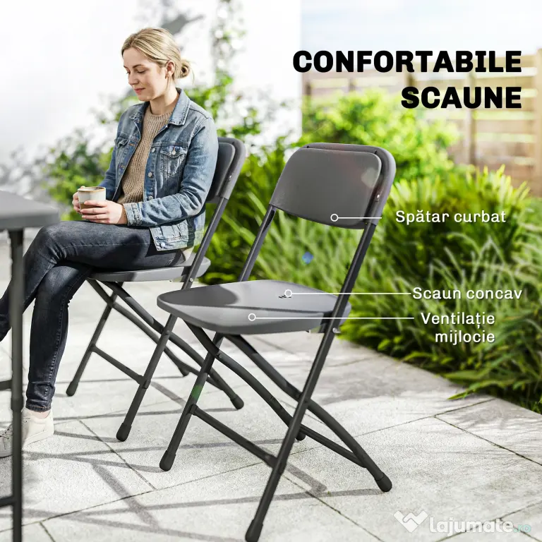 Outsunny Set Masă și Scaune Pliabile de Grădină, 5 Piese, Masă Reglabilă cu Blat HDPE Efect Lemn și 4 Scaune, Set Mobilier Exterior pentru Terasă și Balcon, Gri Închis | Aosom Romania