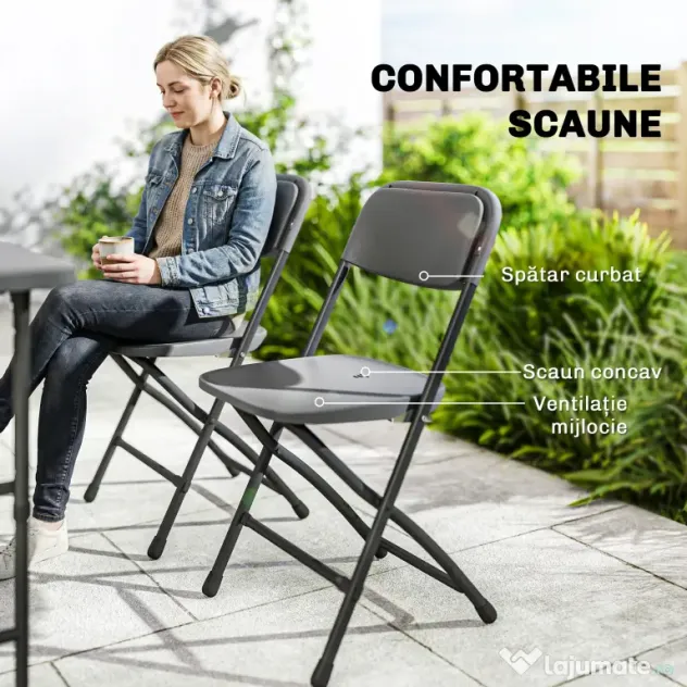 Outsunny Set Masă și Scaune Pliabile de Grădină, 5 Piese, Masă Reglabilă cu Blat HDPE Efect Lemn și 4 Scaune, Set Mobilier Exterior pentru Terasă și Balcon, Gri Închis | Aosom Romania