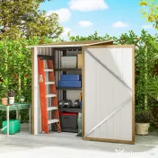 Outsunny Căsuță de Grădină 0.92m² din Oțel Galvanizat, Depozit pentru Unelte cu Ușă Blocabilă, Acoperiș Înclinat, 100x104x160 cm, Maro Deschis cu Aspect de Lemn | Aosom Romania 