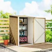 Outsunny Căsuță de Grădină 0.92m² din Oțel Galvanizat, Depozit pentru Unelte cu Ușă Blocabilă, Acoperiș Înclinat, 100x104x160 cm, Maro Deschis cu Aspect de Lemn | Aosom Romania 