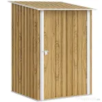 Outsunny Căsuță de Grădină 0.92m² din Oțel Galvanizat, Depozit pentru Unelte cu Ușă Blocabilă, Acoperiș Înclinat, 100x104x160 cm, Maro Deschis cu Aspect Lemn
