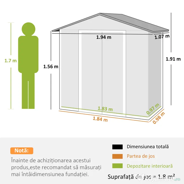 Outsunny Căsuță de Grădină, Magazie pentru Unelte, Oțel, 194x107x191 cm, Gri | Aosom Romania