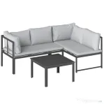 Outsunny Set Mobilier de Grădină 3 Piese cu Colțar 4 Locuri și Măsuță, Metal și Poliester Gri