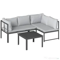 Outsunny Set Mobilier de Grădină 3 Piese cu Colțar 4 Locuri și Măsuță, Metal și Poliester Gri