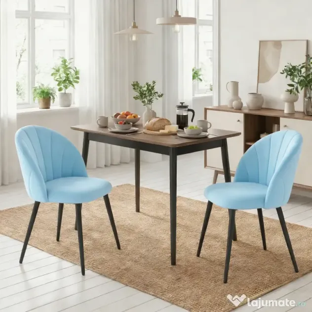 HOMCOM Set de 2 Scaune de Sufragerie din Catifea, Scaune Bucătărie cu Spătar Curbat în Formă de Scoică, Picioare din Oțel, Stil Nordic, Scaun Tapițat pentru Bucătărie, Dormitor, Living, Albastru Deschis | Aosom Romania