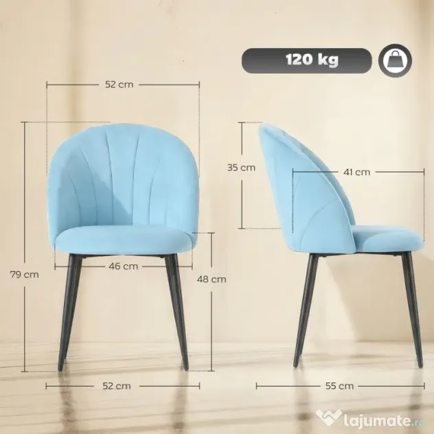 HOMCOM Set de 2 Scaune de Sufragerie din Catifea, Scaune Bucătărie cu Spătar Curbat în Formă de Scoică, Picioare din Oțel, Stil Nordic, Scaun Tapițat pentru Bucătărie, Dormitor, Living, Albastru Deschis | Aosom Romania
