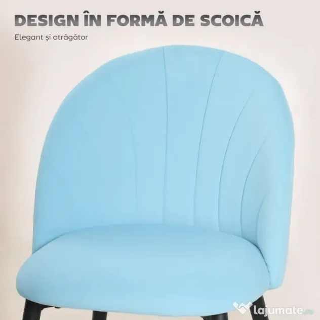 HOMCOM Set de 2 Scaune de Sufragerie din Catifea, Scaune Bucătărie cu Spătar Curbat în Formă de Scoică, Picioare din Oțel, Stil Nordic, Scaun Tapițat pentru Bucătărie, Dormitor, Living, Albastru Deschis | Aosom Romania