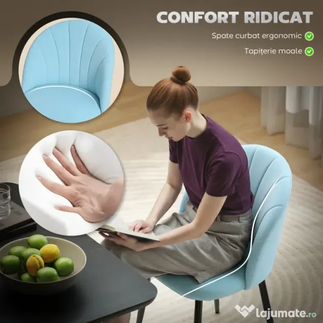 HOMCOM Set de 2 Scaune de Sufragerie din Catifea, Scaune Bucătărie cu Spătar Curbat în Formă de Scoică, Picioare din Oțel, Stil Nordic, Scaun Tapițat pentru Bucătărie, Dormitor, Living, Albastru Deschis | Aosom Romania
