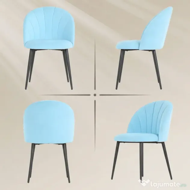 HOMCOM Set de 2 Scaune de Sufragerie din Catifea, Scaune Bucătărie cu Spătar Curbat în Formă de Scoică, Picioare din Oțel, Stil Nordic, Scaun Tapițat pentru Bucătărie, Dormitor, Living, Albastru Deschis | Aosom Romania