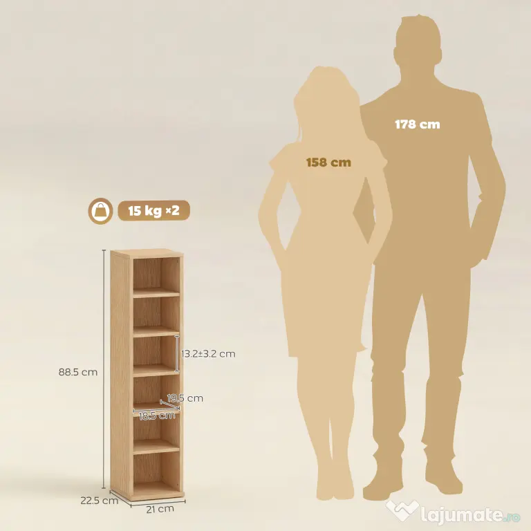HOMCOM Set de 2 Mobili Suport CD cu Polițe Reglabile, Raft pentru 204 CD-uri Compact, Mobilier cu 12 Compartimente, pentru Living, Dormitor, Birou, 21x22,5x88,5cm, Culoare Lemn | Aosom Romania