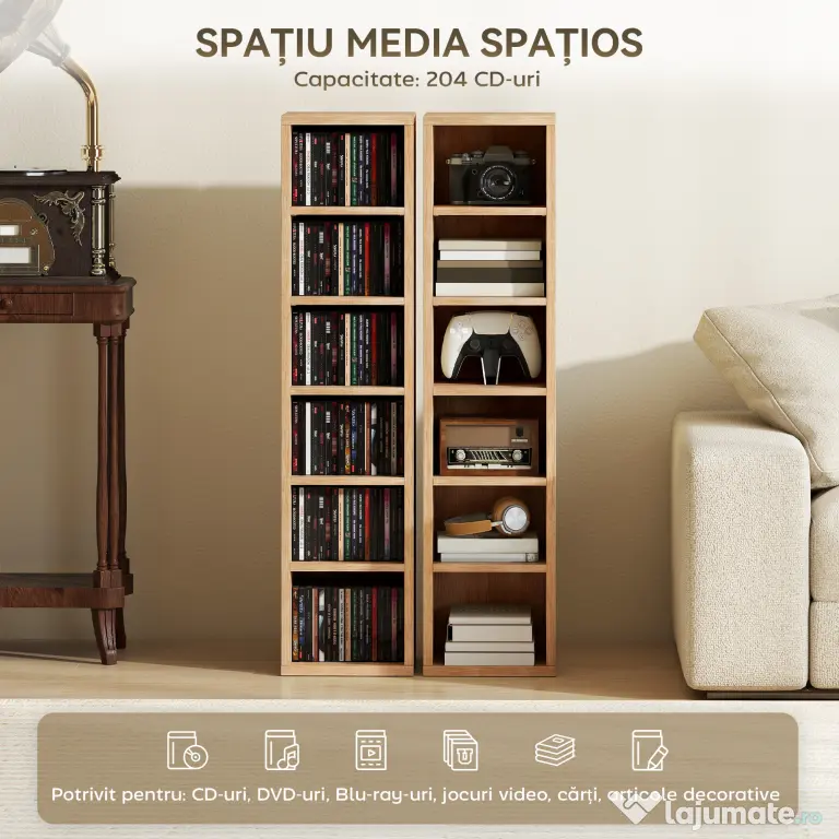 HOMCOM Set de 2 Mobili Suport CD cu Polițe Reglabile, Raft pentru 204 CD-uri Compact, Mobilier cu 12 Compartimente, pentru Living, Dormitor, Birou, 21x22,5x88,5cm, Culoare Lemn | Aosom Romania