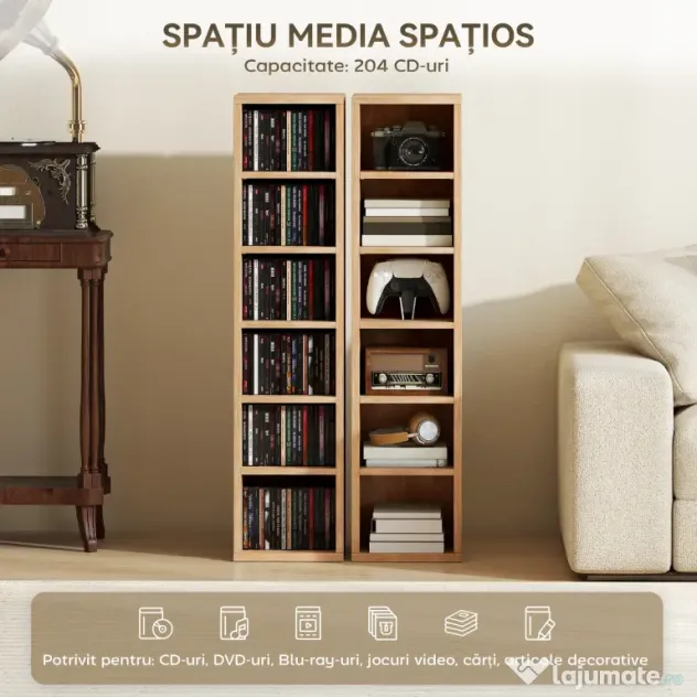 HOMCOM Set de 2 Mobili Suport CD cu Polițe Reglabile, Raft pentru 204 CD-uri Compact, Mobilier cu 12 Compartimente, pentru Living, Dormitor, Birou, 21x22,5x88,5cm, Culoare Lemn | Aosom Romania