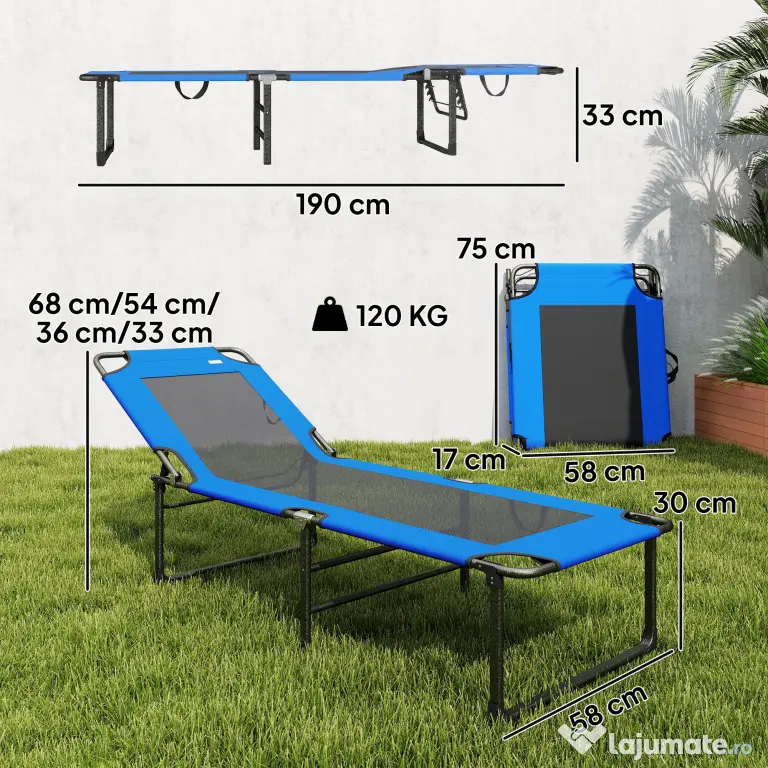 Outsunny Șezlong Pliabil, Spătar Reglabil pe 4 Poziții, Mânere pentru Transport, Culoare Albastru | Aosom Romania