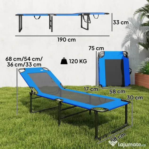 Outsunny Șezlong Pliabil, Spătar Reglabil pe 4 Poziții, Mânere pentru Transport, Culoare Albastru | Aosom Romania