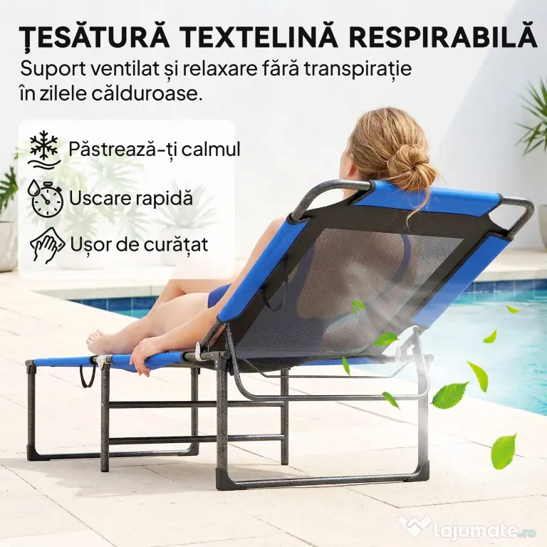 Outsunny Șezlong Pliabil, Spătar Reglabil pe 4 Poziții, Mânere pentru Transport, Culoare Albastru | Aosom Romania