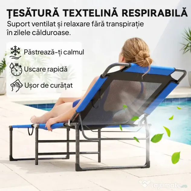 Outsunny Șezlong Pliabil, Spătar Reglabil pe 4 Poziții, Mânere pentru Transport, Culoare Albastru | Aosom Romania