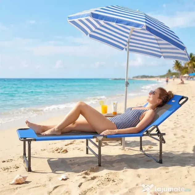 Outsunny Șezlong Pliabil, Spătar Reglabil pe 4 Poziții, Mânere pentru Transport, Culoare Albastru | Aosom Romania