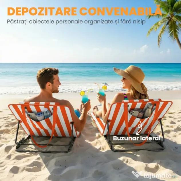 Outsunny Set 2 Șezlonguri Pliabile Portabile pentru Plajă, Spătar Reglabil, Portocaliu. | Aosom Romania