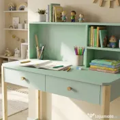 AIYAPLAY Birou pentru Copii cu 3 Compartimente și 2 Sertare, Birou din Lemn cu Spații pentru Cărți și Jucării, Banc de Școală pentru Studiu și Desen pentru Copii 5-12 Ani, Verde | Aosom Romania 