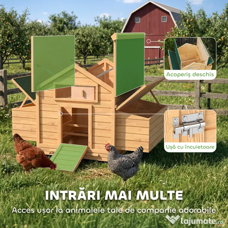 PawHut Coteț din Lemn cu 2 Căsuțe, Coteț pentru Găini de Exterior cu Acoperiș Impermeabil, Tavă Detașabilă și Bare, Adăpost pentru 2-4 Găini, Rațe, Grădină, 150x100x96,5 cm, Galben | Aosom Romania