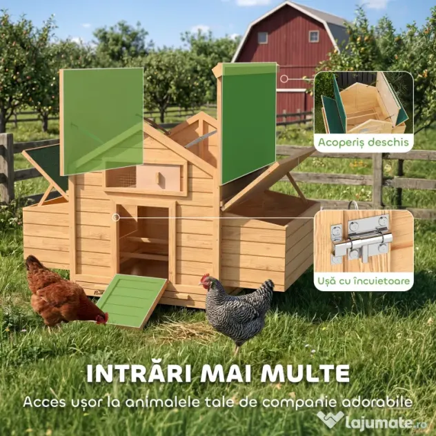 PawHut Coteț din Lemn cu 2 Căsuțe, Coteț pentru Găini de Exterior cu Acoperiș Impermeabil, Tavă Detașabilă și Bare, Adăpost pentru 2-4 Găini, Rațe, Grădină, 150x100x96,5 cm, Galben | Aosom Romania