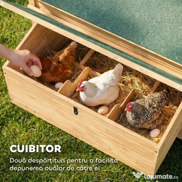 PawHut Coteț din Lemn cu 2 Căsuțe, Coteț pentru Găini de Exterior cu Acoperiș Impermeabil, Tavă Detașabilă și Bare, Adăpost pentru 2-4 Găini, Rațe, Grădină, 150x100x96,5 cm, Galben | Aosom Romania