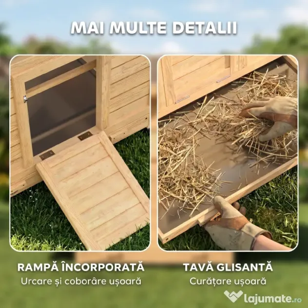 PawHut Coteț din Lemn cu 2 Căsuțe, Coteț pentru Găini de Exterior cu Acoperiș Impermeabil, Tavă Detașabilă și Bare, Adăpost pentru 2-4 Găini, Rațe, Grădină, 150x100x96,5 cm, Galben | Aosom Romania