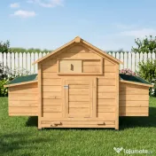 PawHut Coteț din Lemn cu 2 Căsuțe, Coteț pentru Găini de Exterior cu Acoperiș Impermeabil, Tavă Detașabilă și Bare, Adăpost pentru 2-4 Găini, Rațe, Grădină, 150x100x96,5 cm, Galben | Aosom Romania 