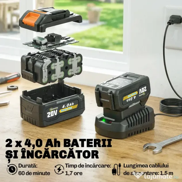 Outsunny Trimmer cu Acumulator 2-în-1, Tăietor de Iarbă 18V cu 2 Baterii de 4Ah, Încărcător, Tija Telescopică, Cap Înclinat, Mâner Reglabil, Tăiere 25cm, 8000 RPM, Ușor pentru Gazon și Grădină | Aosom Romania