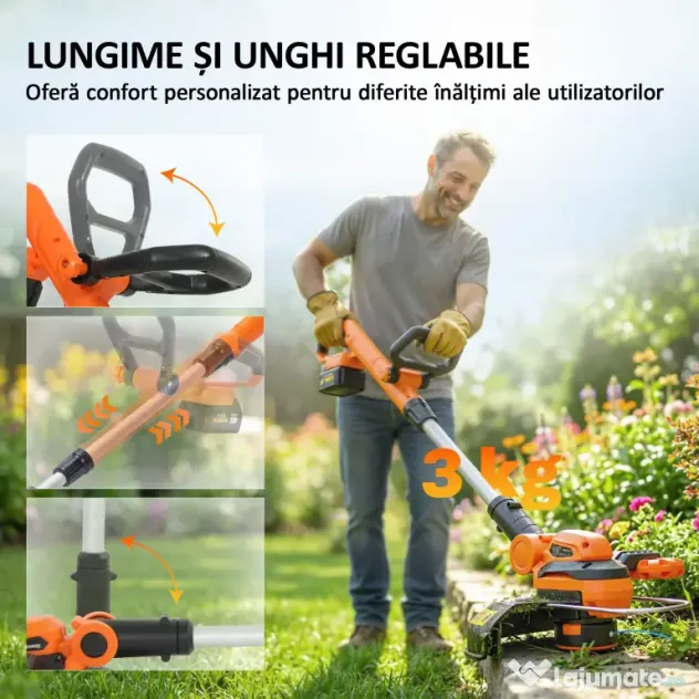 Outsunny Trimmer cu Acumulator 2-în-1, Tăietor de Iarbă 18V cu 2 Baterii de 4Ah, Încărcător, Tija Telescopică, Cap Înclinat, Mâner Reglabil, Tăiere 25cm, 8000 RPM, Ușor pentru Gazon și Grădină | Aosom Romania