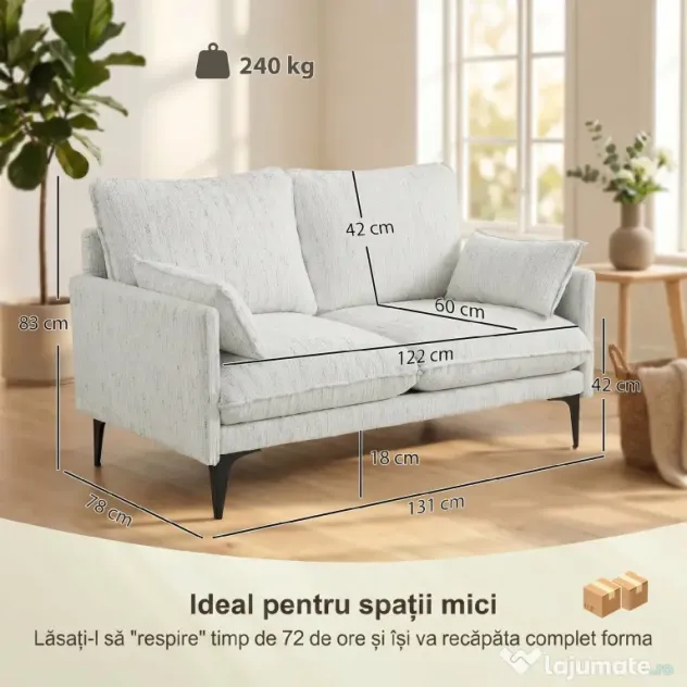 HOMCOM Canapea 2 Locuri cu Brațe, Perne Groase și 2 Perne, 131x78x83 cm, Alb