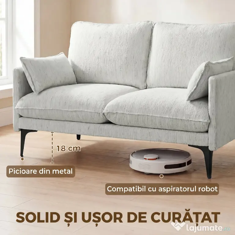 HOMCOM Canapea 2 Locuri cu Brațe, Perne Groase și 2 Perne, 131x78x83 cm, Alb