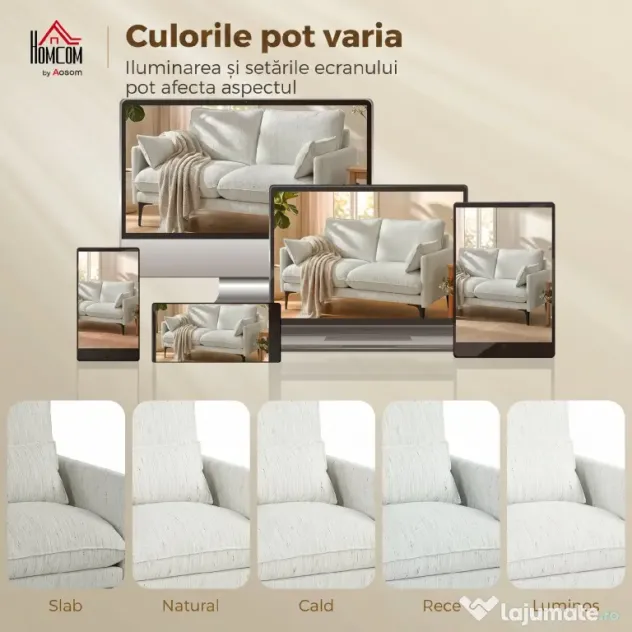 HOMCOM Canapea 2 Locuri cu Brațe, Perne Groase și 2 Perne, 131x78x83 cm, Alb